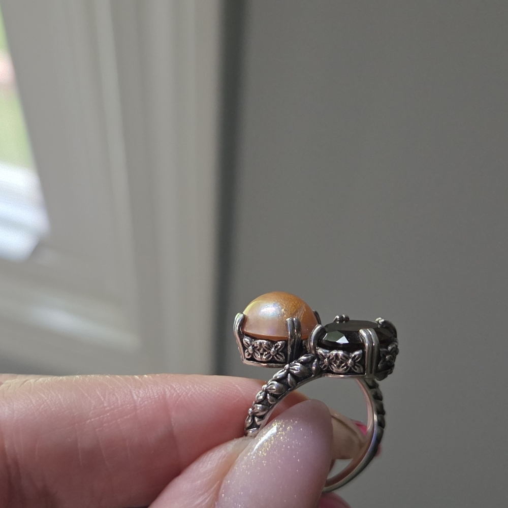 Stephen Dweck Sterling Cognac Quartz & Cultured Pearl Ring - Picture 4 of 11